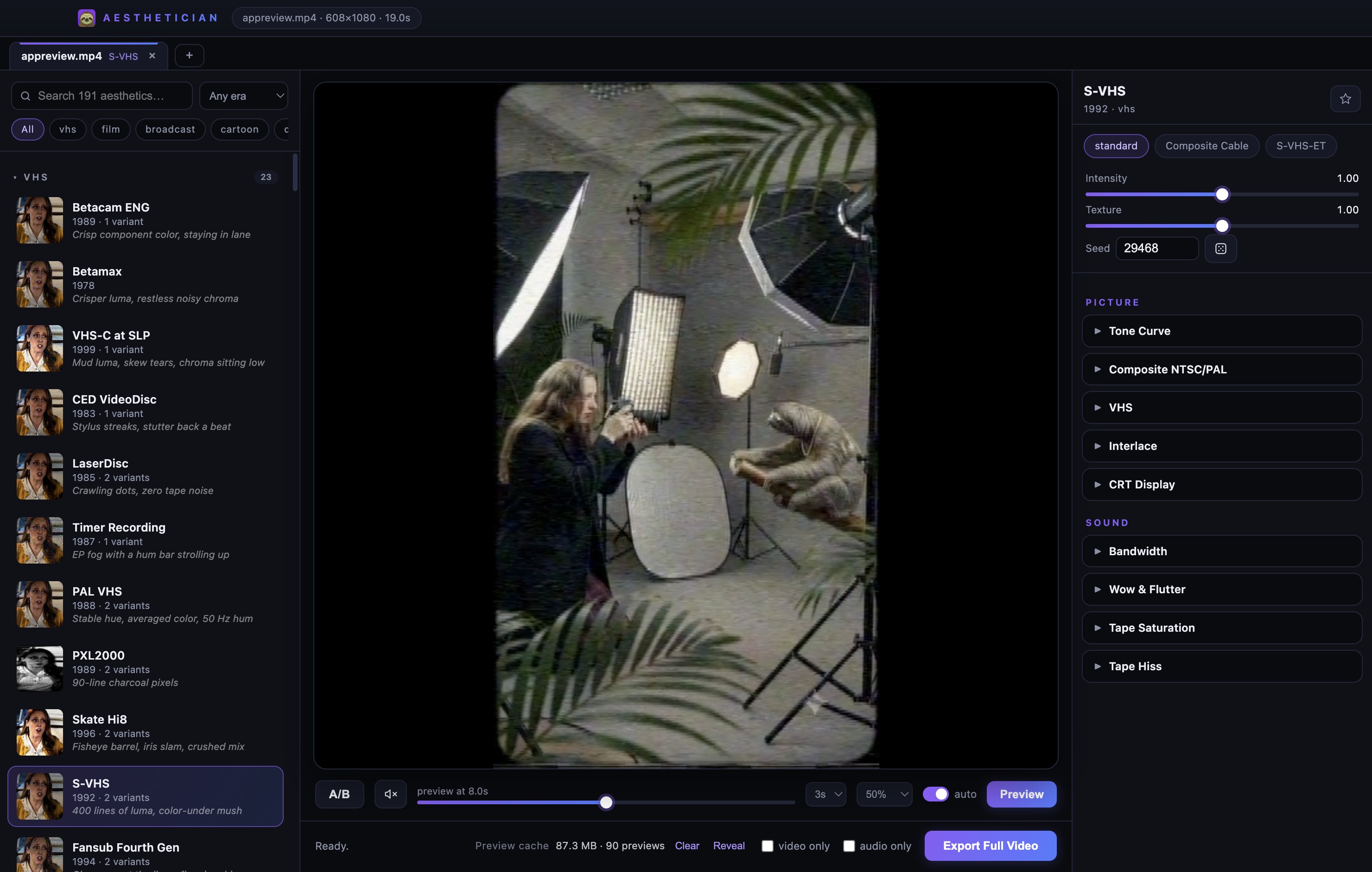 Aesthetician showing its preset browser, treated video preview, and adjustable effect controls